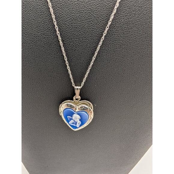 Heart Shaped Sterling Silver Locket Necklace 18in Blue Angel Cameo msrp $160 NWT - Picture 1 of 5